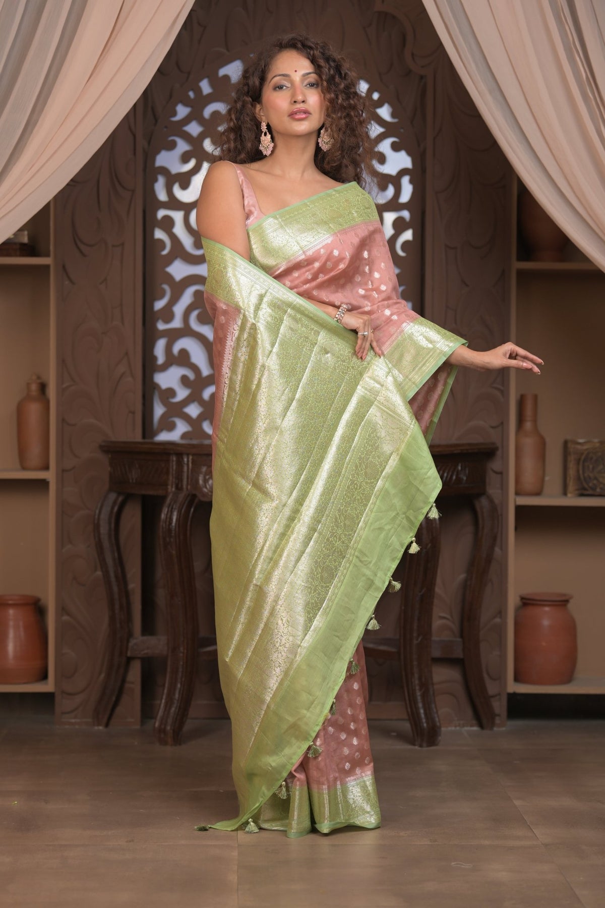 Bengal Gatha ~ Designer Chanderi Cotton Silk Saree with Circular Pattern in Dusty Blush Pink - verymuchindian.com