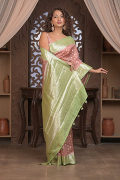 Bengal Gatha ~ Designer Chanderi Cotton Silk Saree with Circular Pattern in Dusty Blush Pink - verymuchindian.com