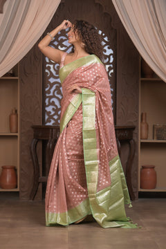 Bengal Gatha ~ Designer Chanderi Cotton Silk Saree with Circular Pattern in Dusty Blush Pink - verymuchindian.com