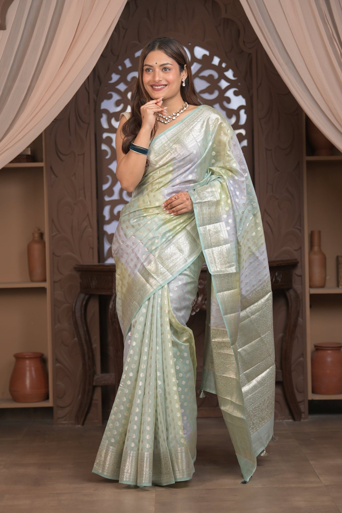 Bengal Gatha ~ Designer Chanderi Cotton Silk Saree with Circular Pattern in Pastel Mint Green - verymuchindian.com