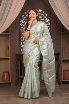 Bengal Gatha ~ Designer Chanderi Cotton Silk Saree with Circular Pattern in Pastel Mint Green - verymuchindian.com