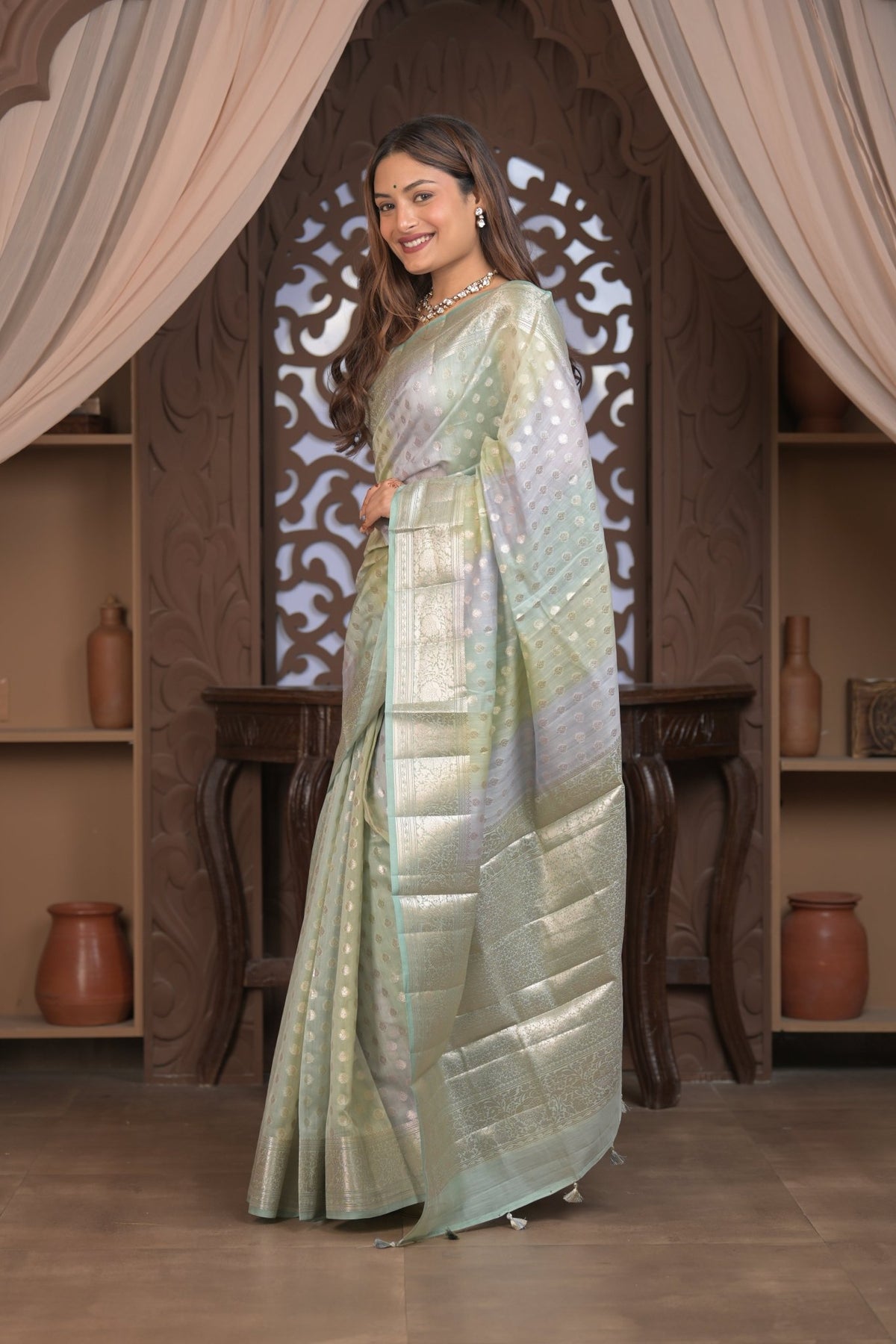 Bengal Gatha ~ Designer Chanderi Cotton Silk Saree with Circular Pattern in Pastel Mint Green - verymuchindian.com