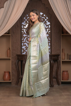 Bengal Gatha ~ Designer Chanderi Cotton Silk Saree with Circular Pattern in Pastel Mint Green - verymuchindian.com