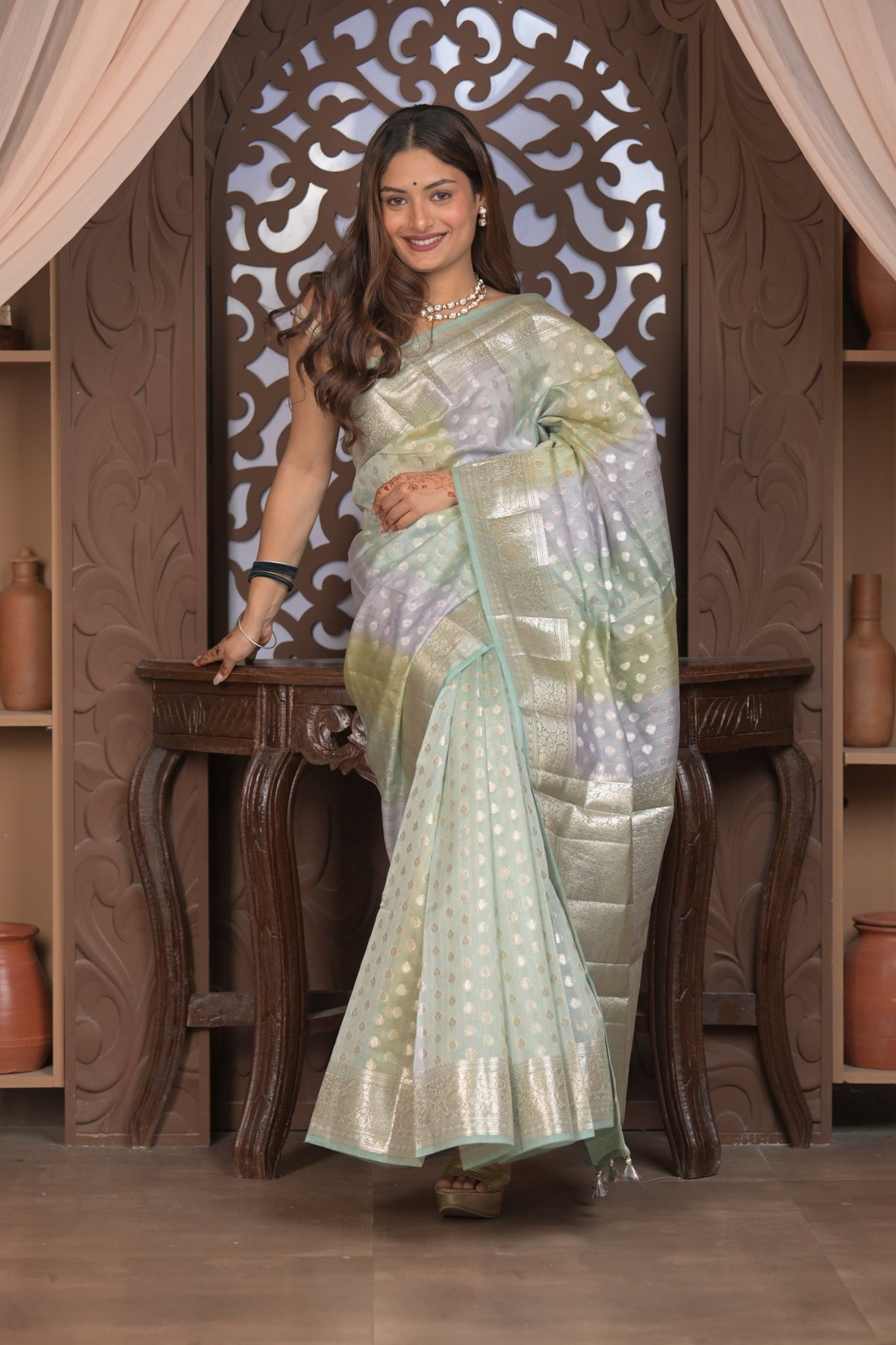 Bengal Gatha ~ Designer Chanderi Cotton Silk Saree with Circular Pattern in Pastel Mint Green - verymuchindian.com