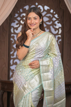 Bengal Gatha ~ Designer Chanderi Cotton Silk Saree with Circular Pattern in Pastel Mint Green - verymuchindian.com