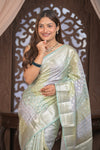 Bengal Gatha ~ Designer Chanderi Cotton Silk Saree with Circular Pattern in Pastel Mint Green - verymuchindian.com