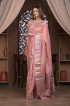 Bengal Gatha ~ Designer Chanderi Cotton Silk Saree with Circular Pattern in Peach Pink - verymuchindian.com