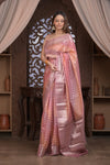 Bengal Gatha ~ Designer Chanderi Cotton Silk Saree with Circular Pattern in Peach Pink - verymuchindian.com