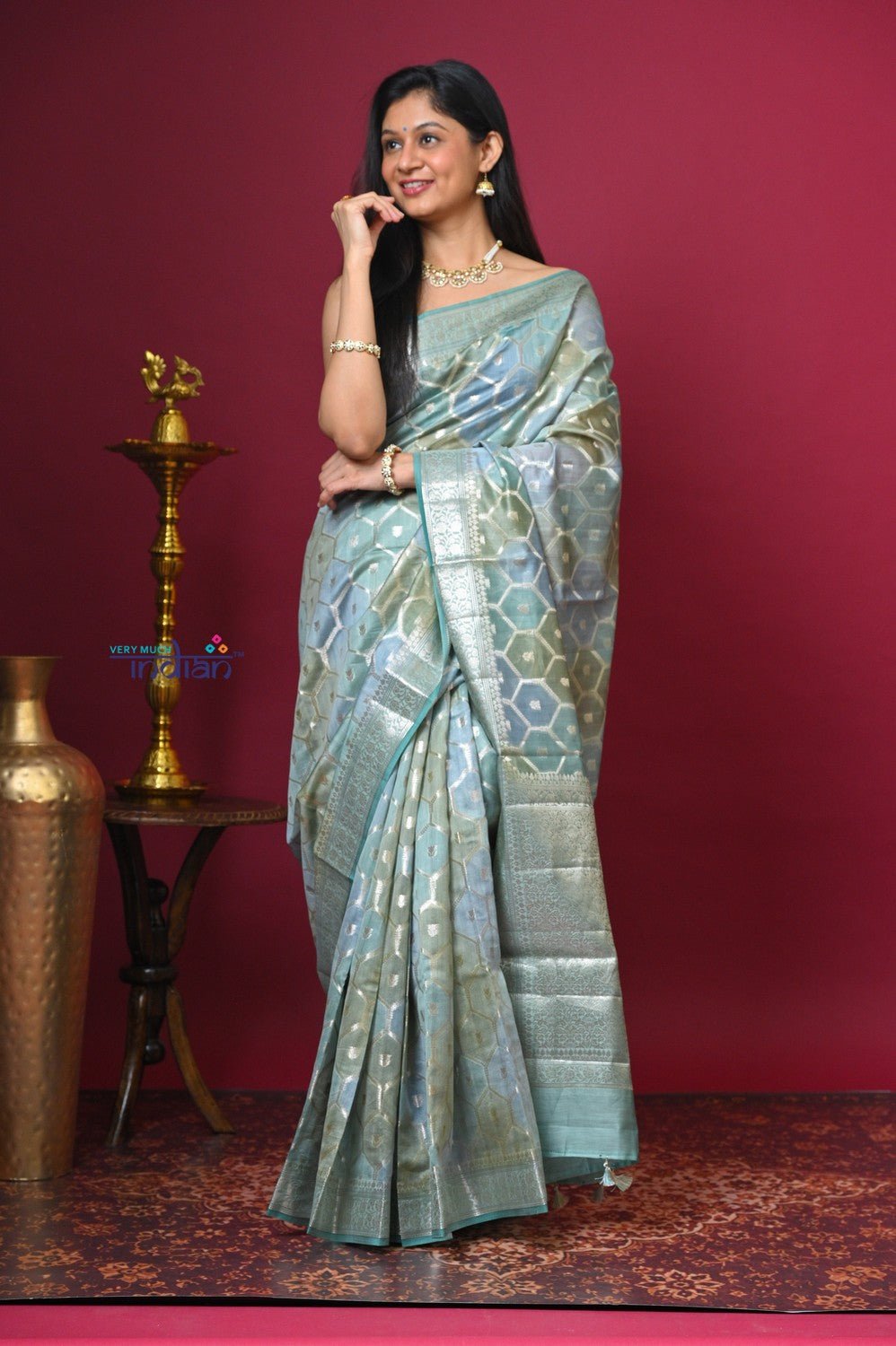 Bengal Gatha ~ Designer Chanderi Cotton Silk Saree with Diamond Pattern in Pastel Mint Green - verymuchindian.com