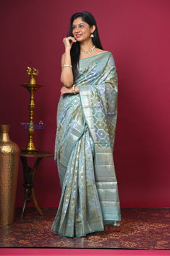 Bengal Gatha ~ Designer Chanderi Cotton Silk Saree with Diamond Pattern in Pastel Mint Green - verymuchindian.com