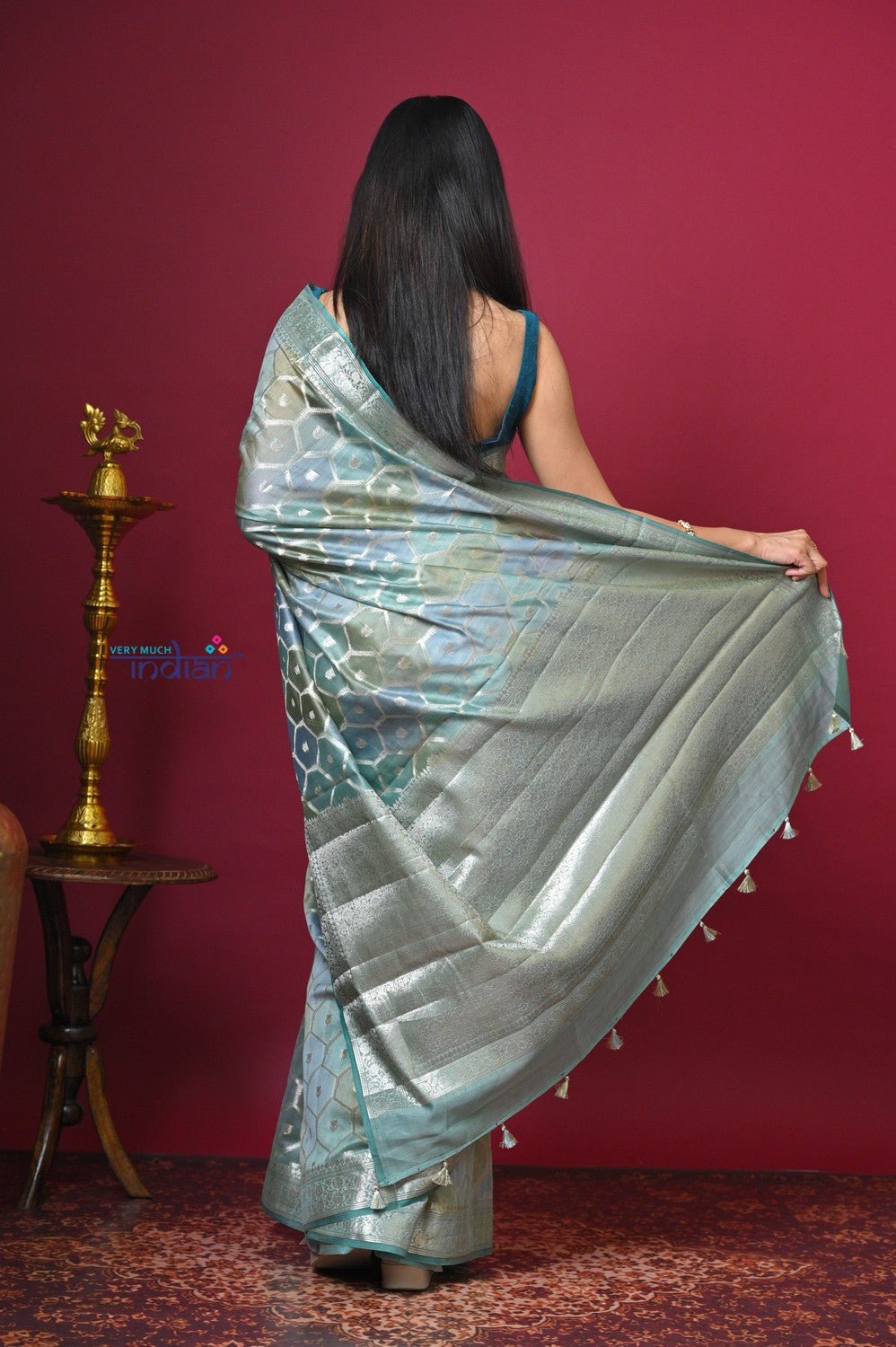 Bengal Gatha ~ Designer Chanderi Cotton Silk Saree with Diamond Pattern in Pastel Mint Green - verymuchindian.com
