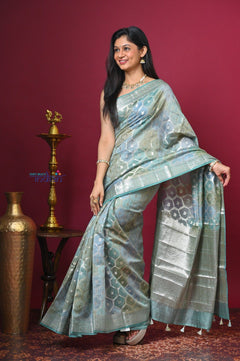 Bengal Gatha ~ Designer Chanderi Cotton Silk Saree with Diamond Pattern in Pastel Mint Green - verymuchindian.com