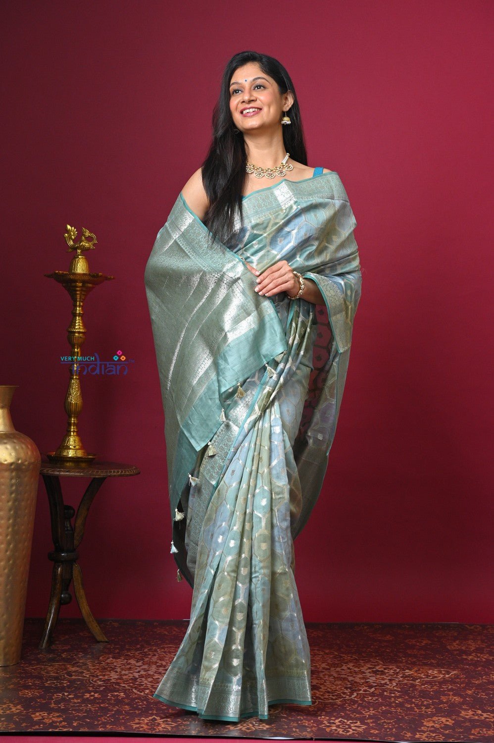 Bengal Gatha ~ Designer Chanderi Cotton Silk Saree with Diamond Pattern in Pastel Mint Green - verymuchindian.com