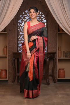 Bengal Gatha ~ Designer Chanderi Cotton Silk Saree with Digital Bandhani Print in Black and Red - verymuchindian.com