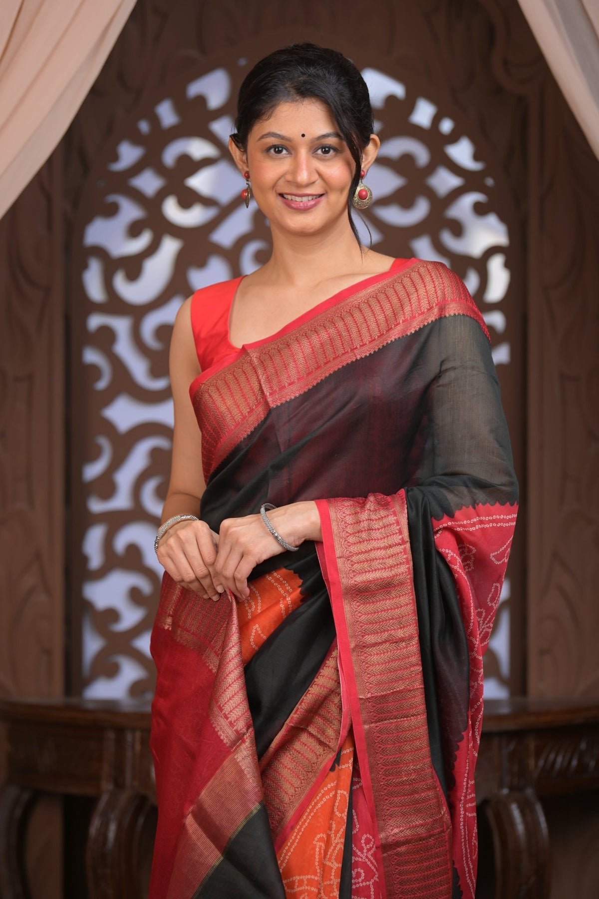 Bengal Gatha ~ Designer Chanderi Cotton Silk Saree with Digital Bandhani Print in Black and Red - verymuchindian.com