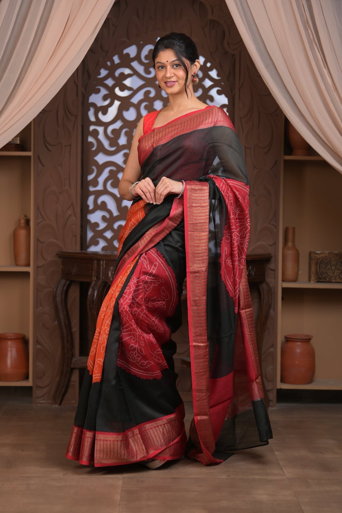 Bengal Gatha ~ Designer Chanderi Cotton Silk Saree with Digital Bandhani Print in Black and Red - verymuchindian.com