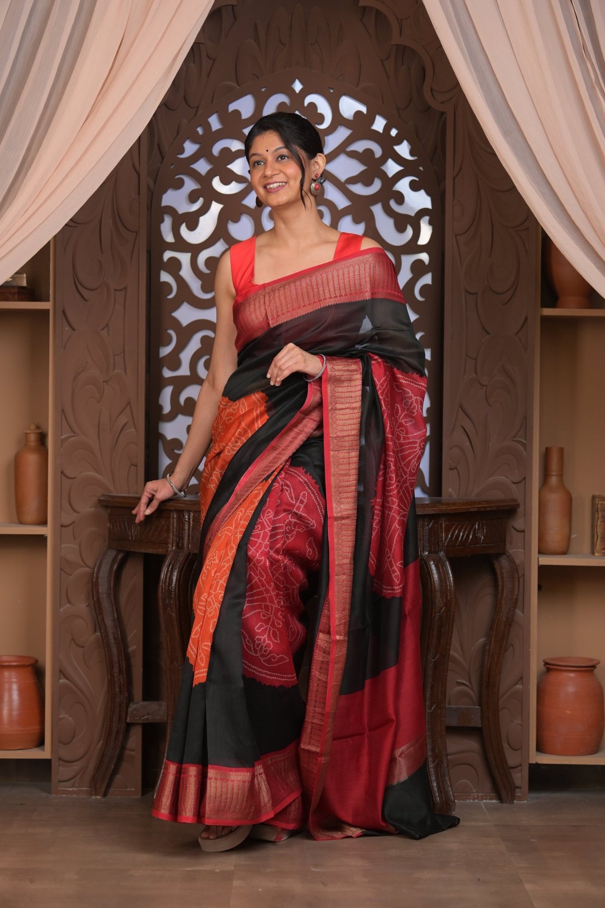 Bengal Gatha ~ Designer Chanderi Cotton Silk Saree with Digital Bandhani Print in Black and Red - verymuchindian.com