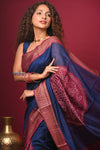 Bengal Gatha ~ Designer Chanderi Cotton Silk Saree with Digital Bandhani Print in Blue and Red - verymuchindian.com