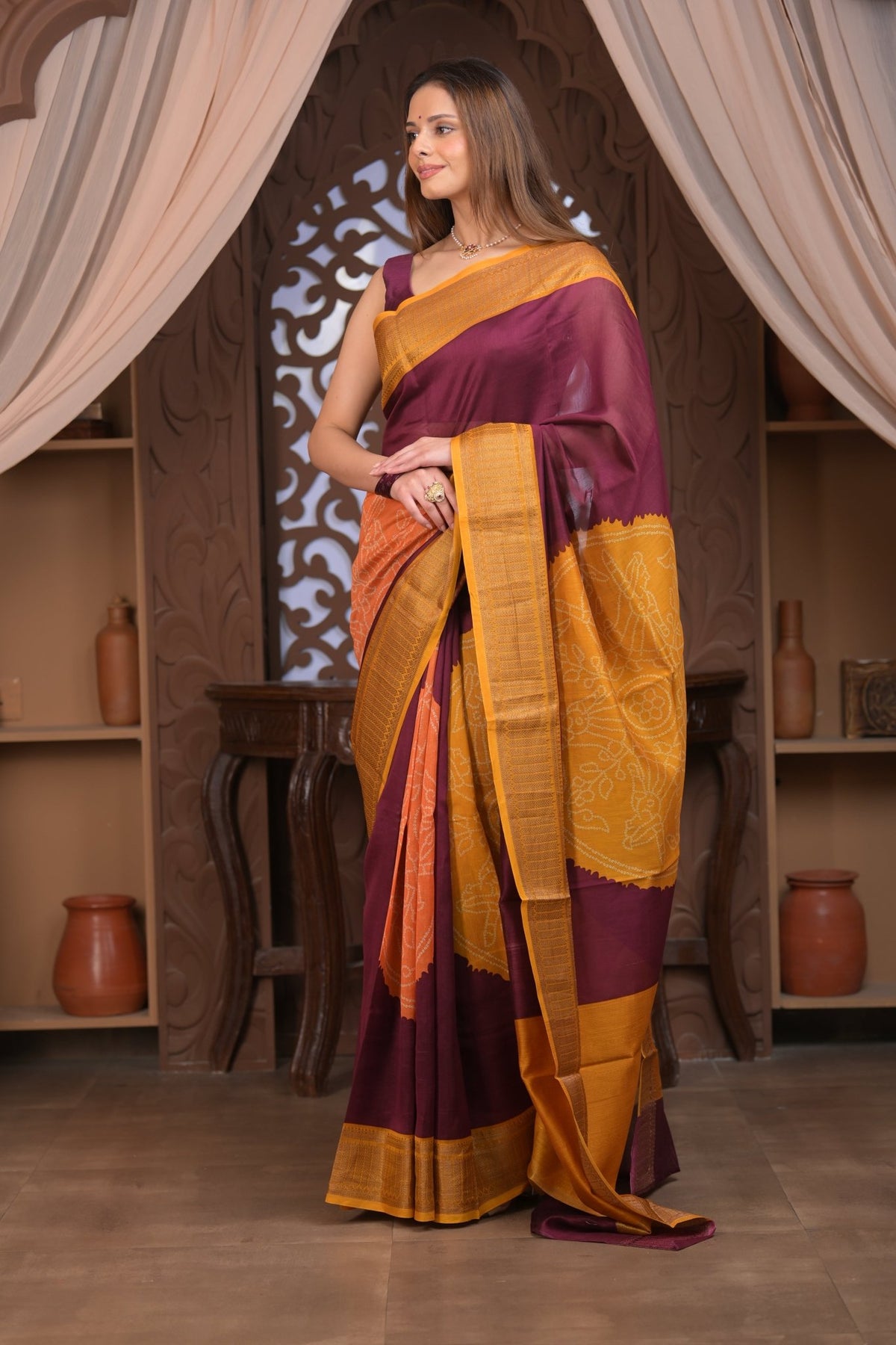 Bengal Gatha ~ Designer Chanderi Cotton Silk Saree with Digital Bandhani Print in Maroon and Yellow - verymuchindian.com