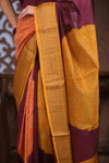 Bengal Gatha ~ Designer Chanderi Cotton Silk Saree with Digital Bandhani Print in Maroon and Yellow - verymuchindian.com
