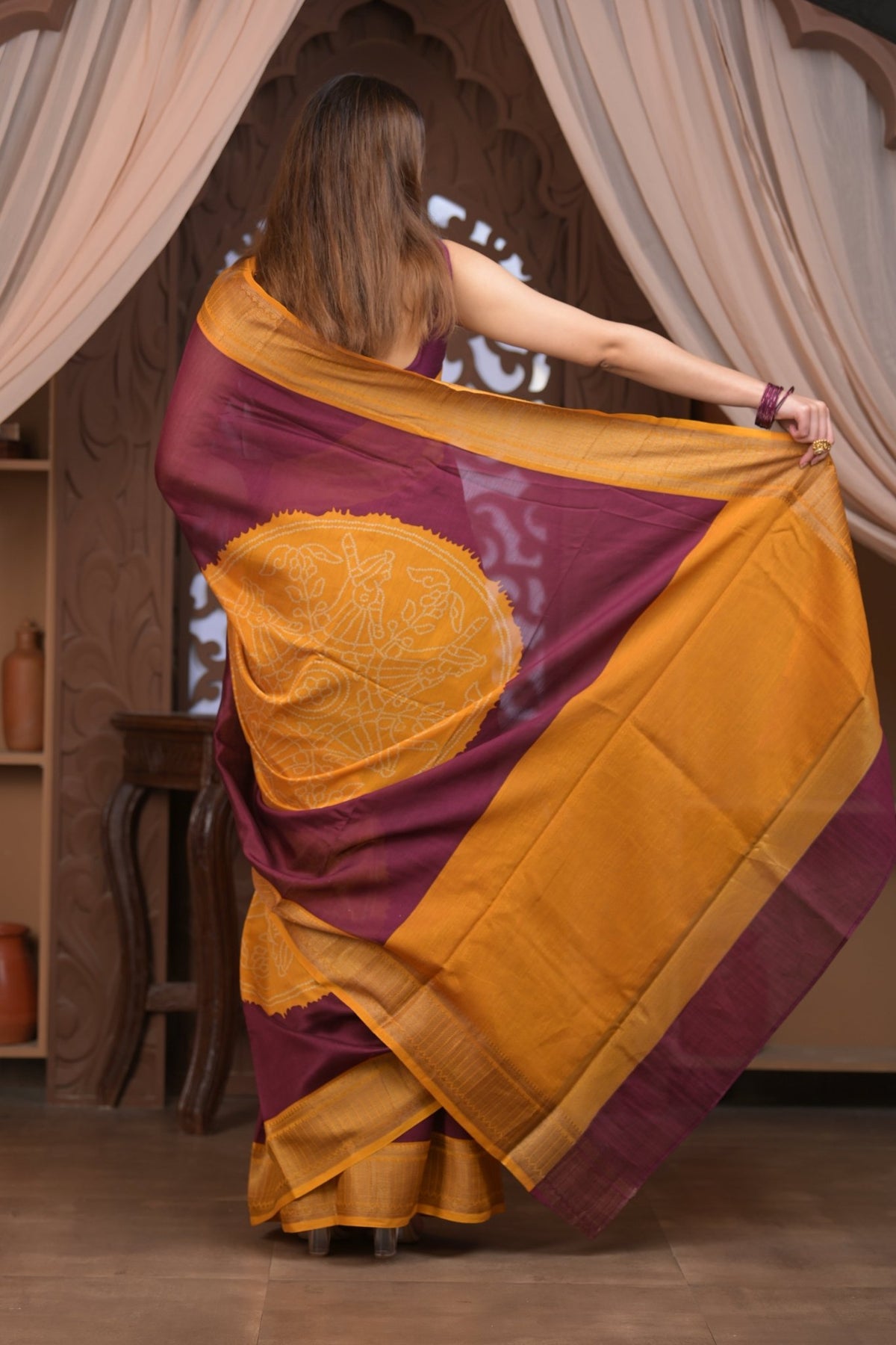 Bengal Gatha ~ Designer Chanderi Cotton Silk Saree with Digital Bandhani Print in Maroon and Yellow - verymuchindian.com