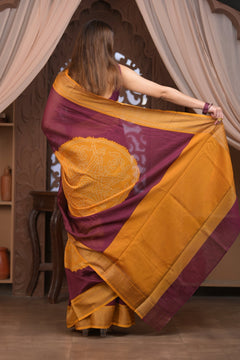 Bengal Gatha ~ Designer Chanderi Cotton Silk Saree with Digital Bandhani Print in Maroon and Yellow - verymuchindian.com