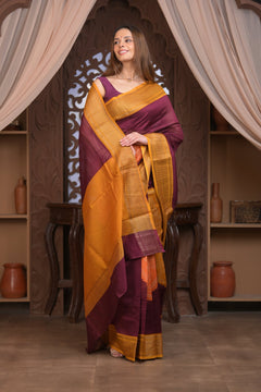 Bengal Gatha ~ Designer Chanderi Cotton Silk Saree with Digital Bandhani Print in Maroon and Yellow - verymuchindian.com