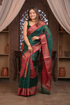 Bengal Gatha ~ Designer Chanderi Cotton Silk Saree with Digital Bandhani Print in Royal Green and Red - verymuchindian.com