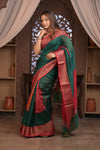 Bengal Gatha ~ Designer Chanderi Cotton Silk Saree with Digital Bandhani Print in Royal Green and Red - verymuchindian.com