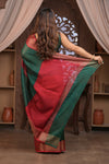 Bengal Gatha ~ Designer Chanderi Cotton Silk Saree with Digital Bandhani Print in Royal Green and Red - verymuchindian.com