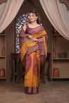 Bengal Gatha ~ Designer Chanderi Cotton Silk Saree with Digital Bandhani Print in Yellow and Maroon - verymuchindian.com