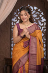 Bengal Gatha ~ Designer Chanderi Cotton Silk Saree with Digital Bandhani Print in Yellow and Maroon - verymuchindian.com
