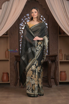 Bengal Gatha ~ Designer Chanderi Cotton Silk Saree with Digital Print in Black - verymuchindian.com