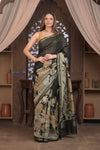 Bengal Gatha ~ Designer Chanderi Cotton Silk Saree with Digital Print in Black - verymuchindian.com