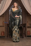 Bengal Gatha ~ Designer Chanderi Cotton Silk Saree with Digital Print in Black - verymuchindian.com