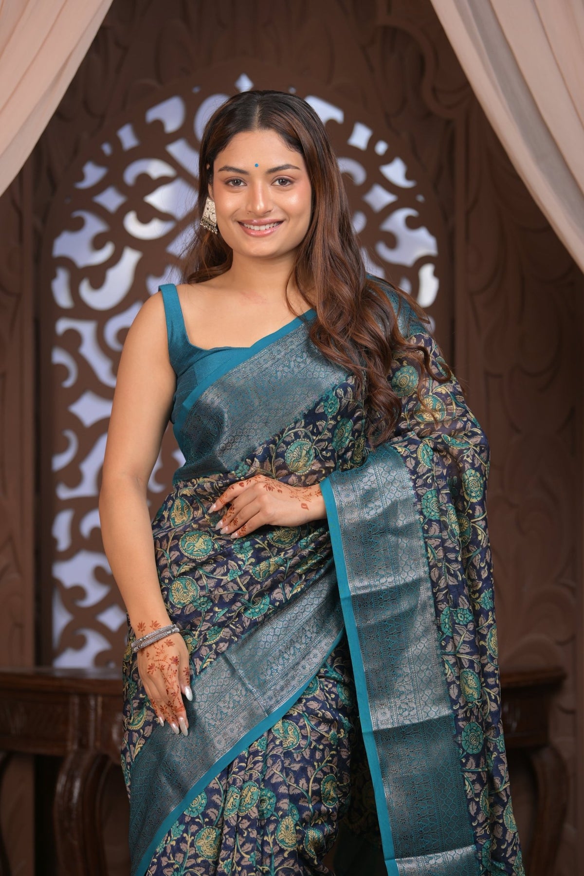 Bengal Gatha ~ Designer Chanderi Cotton Silk Saree with Digital Print in Black and Blue - verymuchindian.com