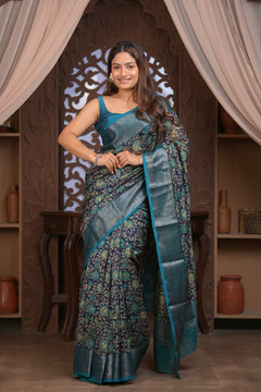 Bengal Gatha ~ Designer Chanderi Cotton Silk Saree with Digital Print in Black and Blue - verymuchindian.com