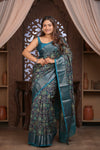 Bengal Gatha ~ Designer Chanderi Cotton Silk Saree with Digital Print in Black and Blue - verymuchindian.com