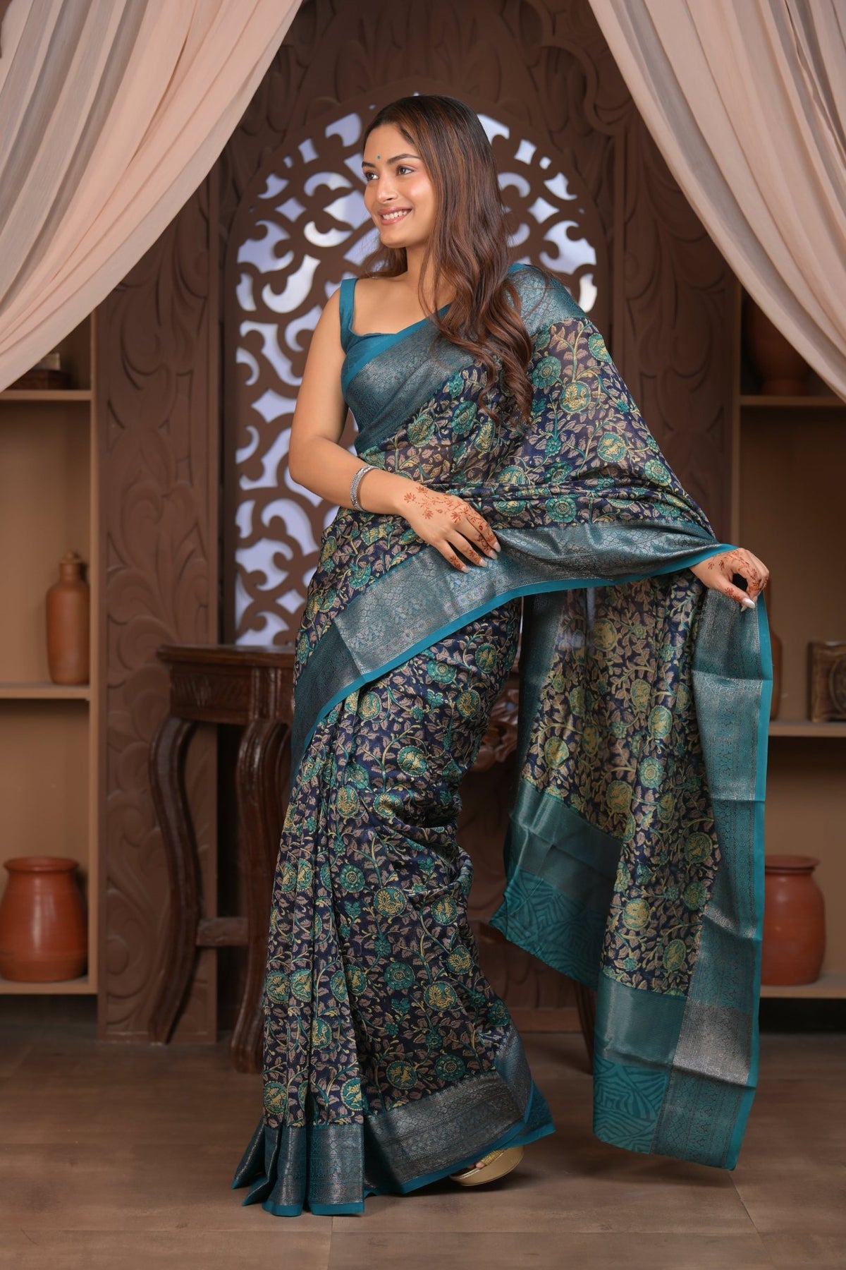 Bengal Gatha ~ Designer Chanderi Cotton Silk Saree with Digital Print in Black and Blue - verymuchindian.com