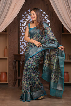 Bengal Gatha ~ Designer Chanderi Cotton Silk Saree with Digital Print in Black and Blue - verymuchindian.com