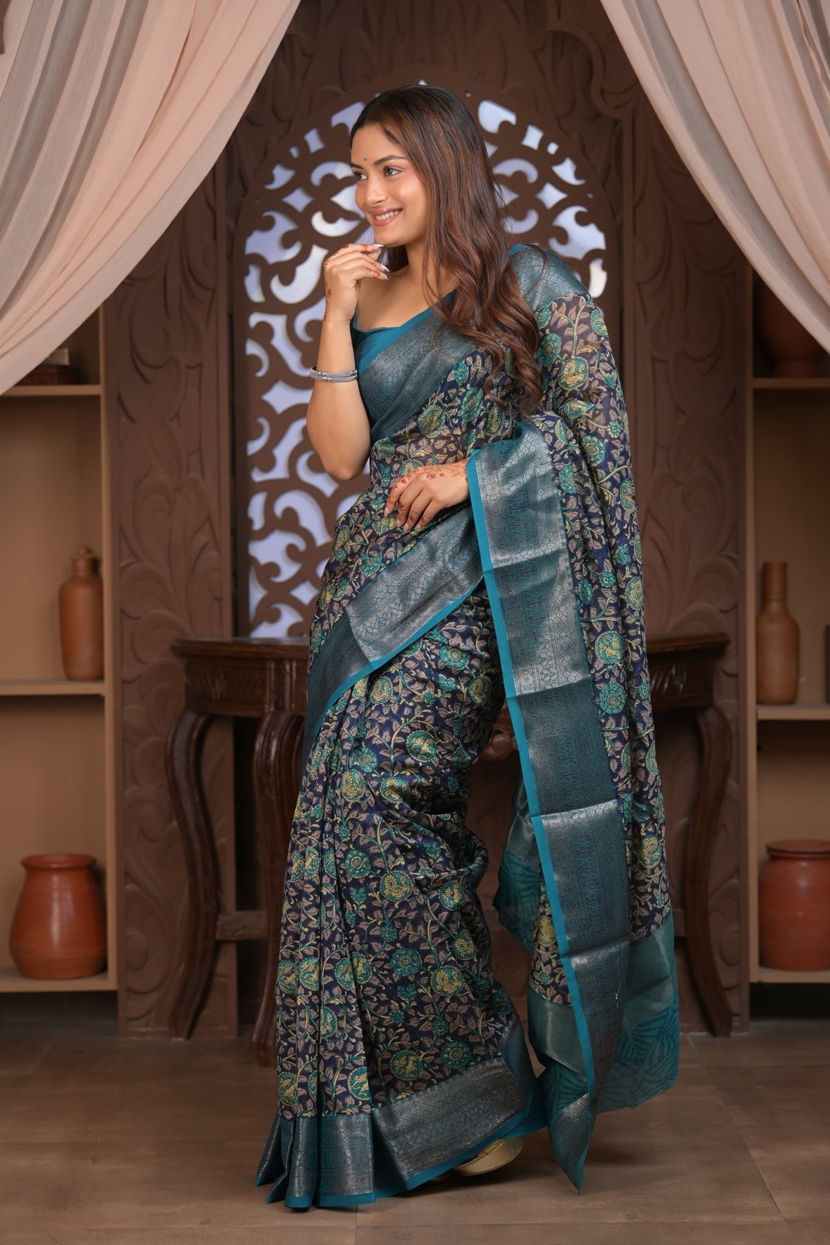 Bengal Gatha ~ Designer Chanderi Cotton Silk Saree with Digital Print in Black and Blue - verymuchindian.com