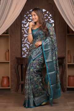 Bengal Gatha ~ Designer Chanderi Cotton Silk Saree with Digital Print in Black and Blue - verymuchindian.com