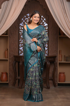 Bengal Gatha ~ Designer Chanderi Cotton Silk Saree with Digital Print in Black and Blue - verymuchindian.com