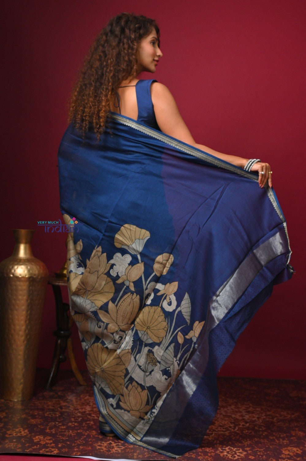 Bengal Gatha ~ Designer Chanderi Cotton Silk Saree with Digital Print in Dark Blue - verymuchindian.com