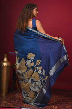 Bengal Gatha ~ Designer Chanderi Cotton Silk Saree with Digital Print in Dark Blue - verymuchindian.com