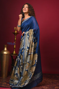 Bengal Gatha ~ Designer Chanderi Cotton Silk Saree with Digital Print in Dark Blue - verymuchindian.com