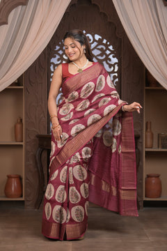 Bengal Gatha ~ Designer Chanderi Cotton Silk Saree with Digital Print in Red and White - verymuchindian.com