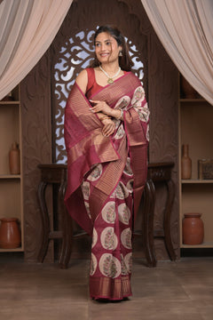 Bengal Gatha ~ Designer Chanderi Cotton Silk Saree with Digital Print in Red and White - verymuchindian.com