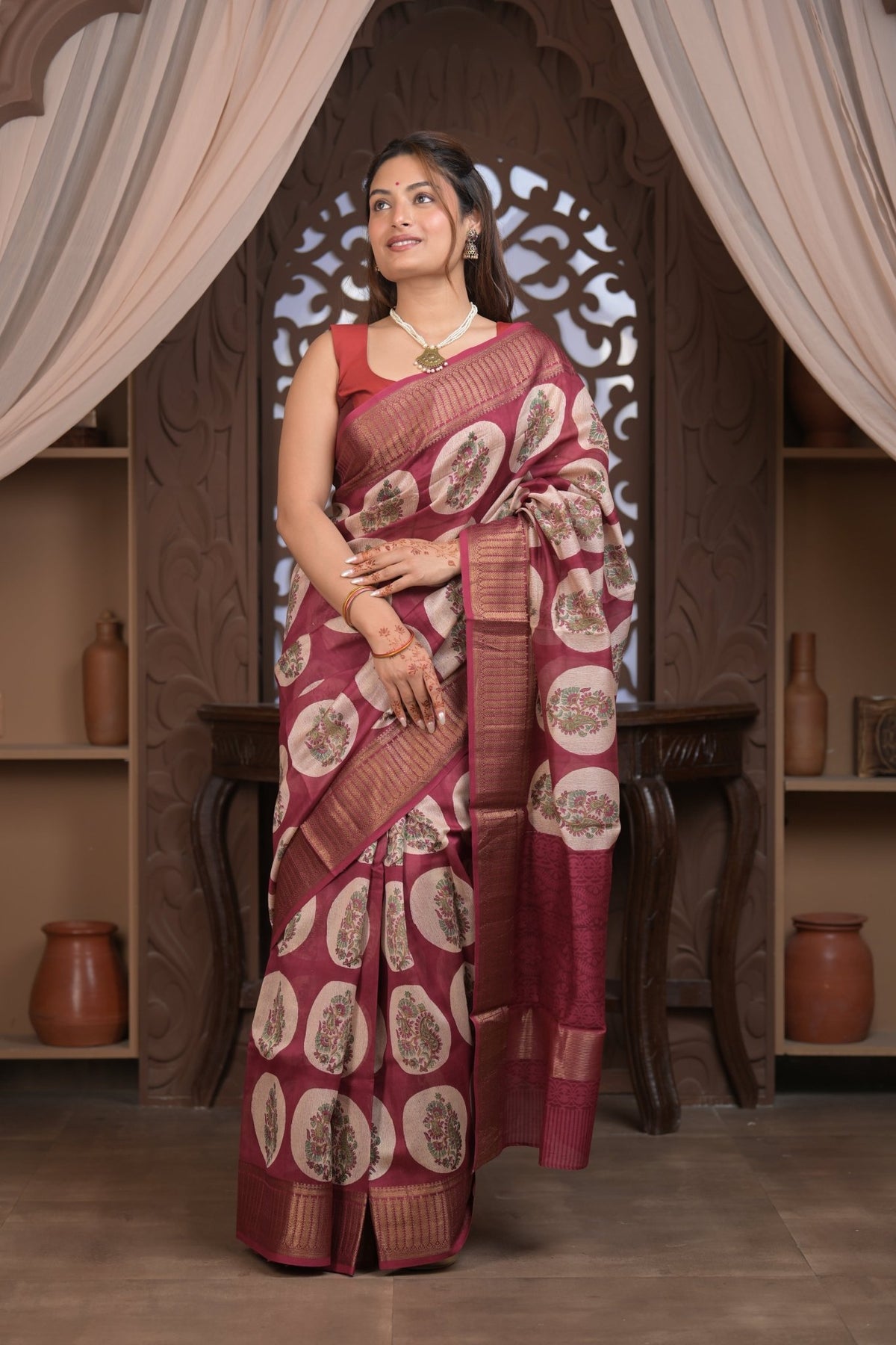 Bengal Gatha ~ Designer Chanderi Cotton Silk Saree with Digital Print in Red and White - verymuchindian.com