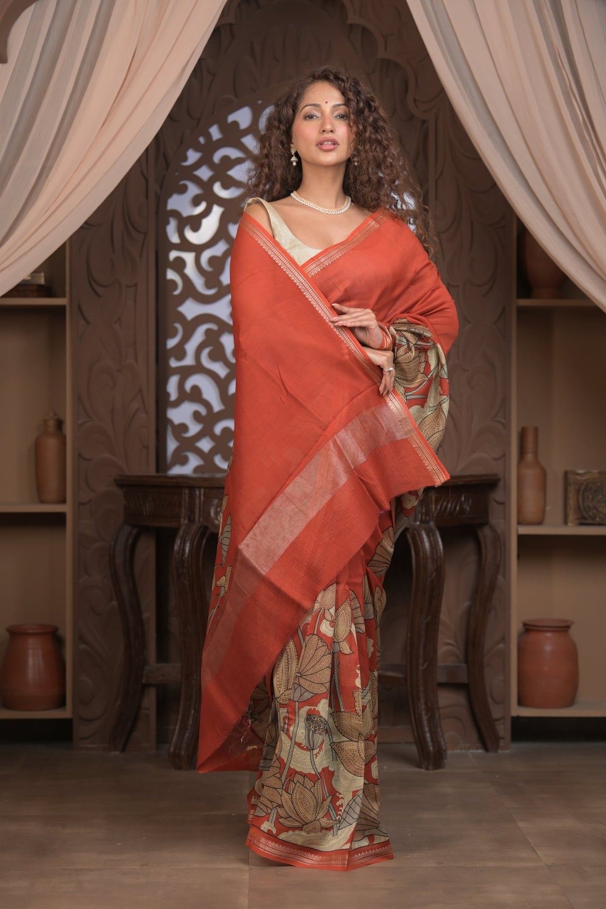 Bengal Gatha ~ Designer Chanderi Cotton Silk Saree with Digital Print in Shades of Orange - verymuchindian.com